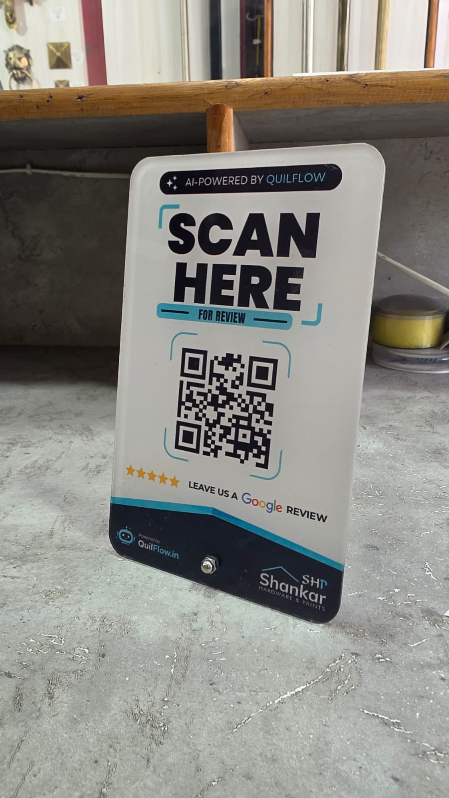 Custom QuilFlow QR review standee at Shankar Hardware